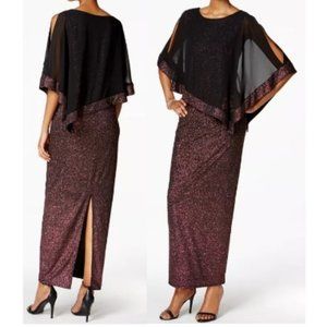 Ladies Asymmetrical Metallic Chiffon-Overlay Evening Gown